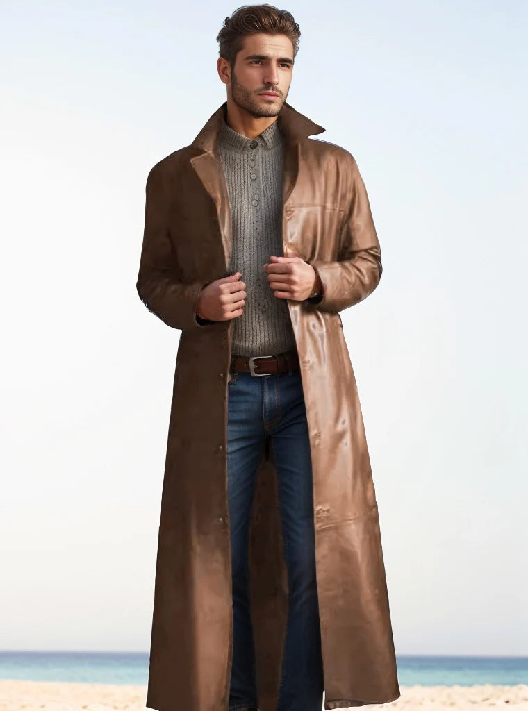Leather Trench Coat Long Slim-Fit Stand Collar Concealed Buttons