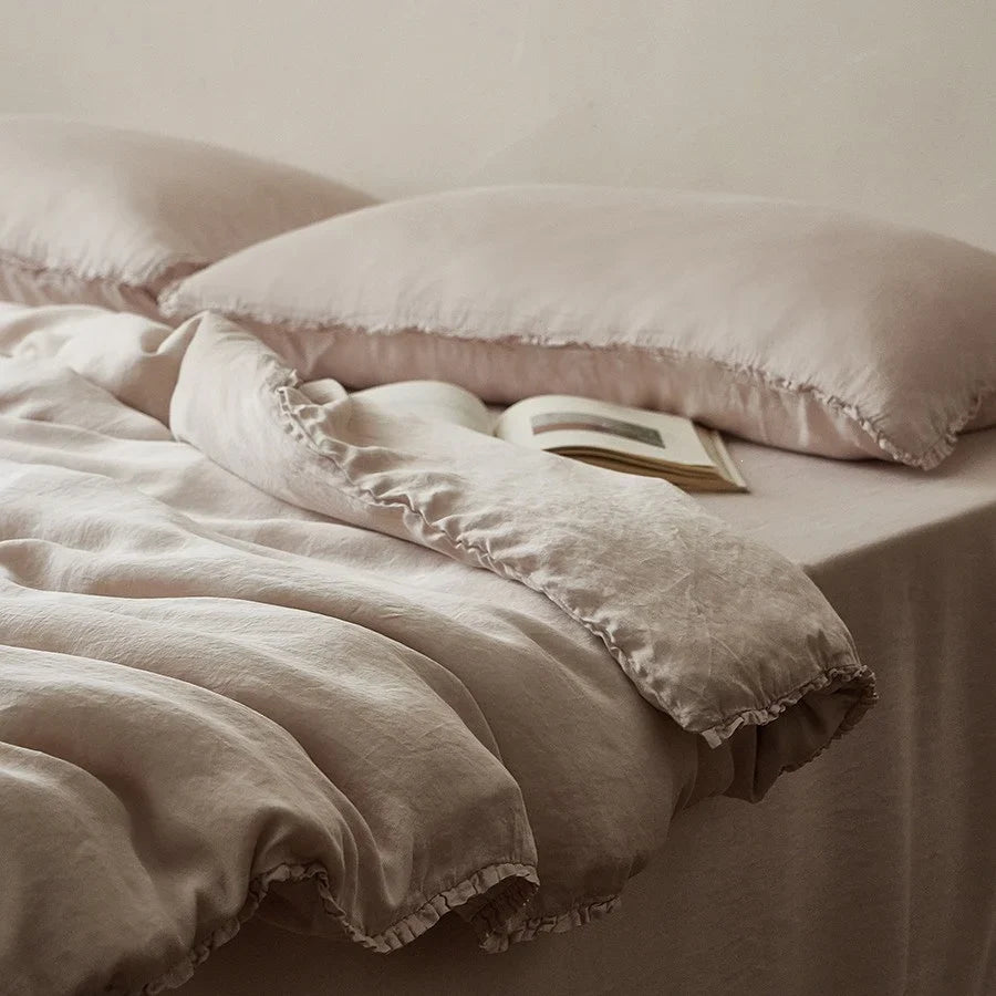 Linen Bedding Set Pre-Washed Crêpe Ruffle Edge Concealed Zipper
