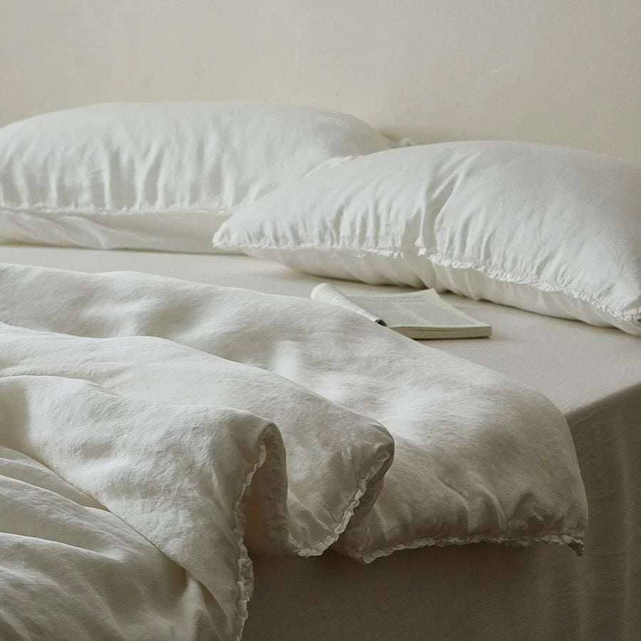 Linen Bedding Set Pre-Washed Crêpe Ruffle Edge Concealed Zipper