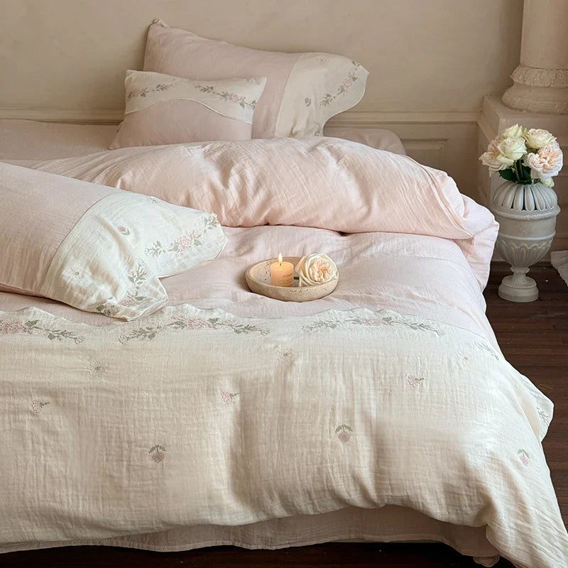 Linen Bedding Set Washed Linen Floral Embroidery 4-Piece Set