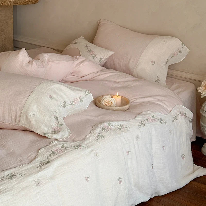 Linen Bedding Set Washed Linen Floral Embroidery 4-Piece Set
