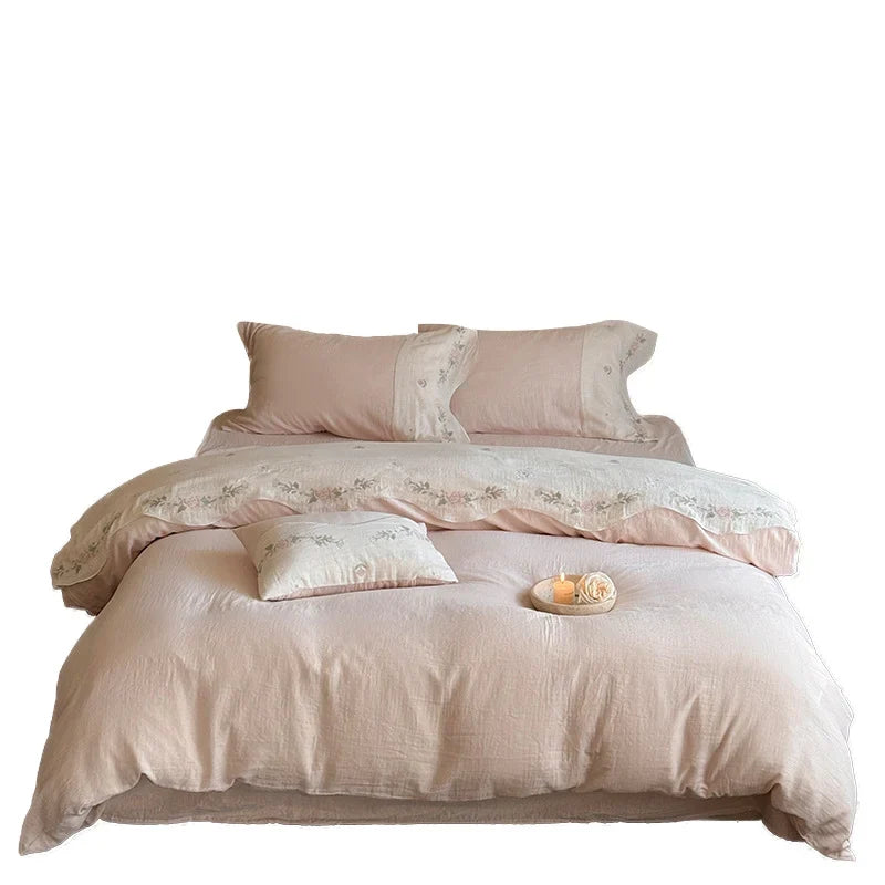 Linen Bedding Set Washed Linen Floral Embroidery 4-Piece Set