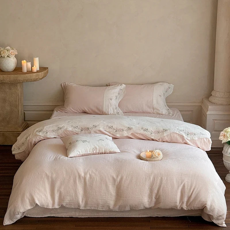 Linen Bedding Set Washed Linen Floral Embroidery 4-Piece Set
