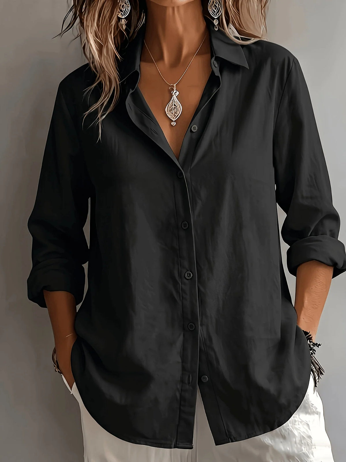 Linen Shirt Lightweight Relaxed Fit Roll-Tab Sleeves