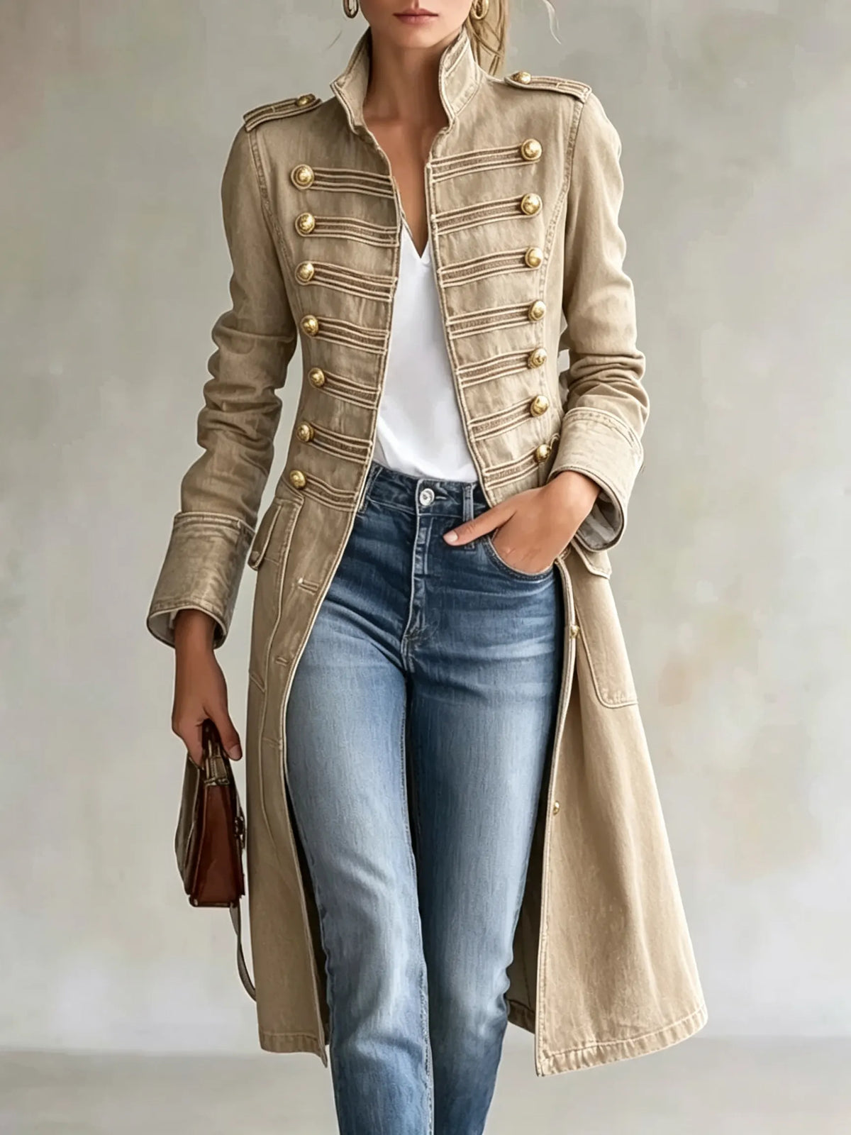 Long Coat Military Style Double-Breasted Officer Collar