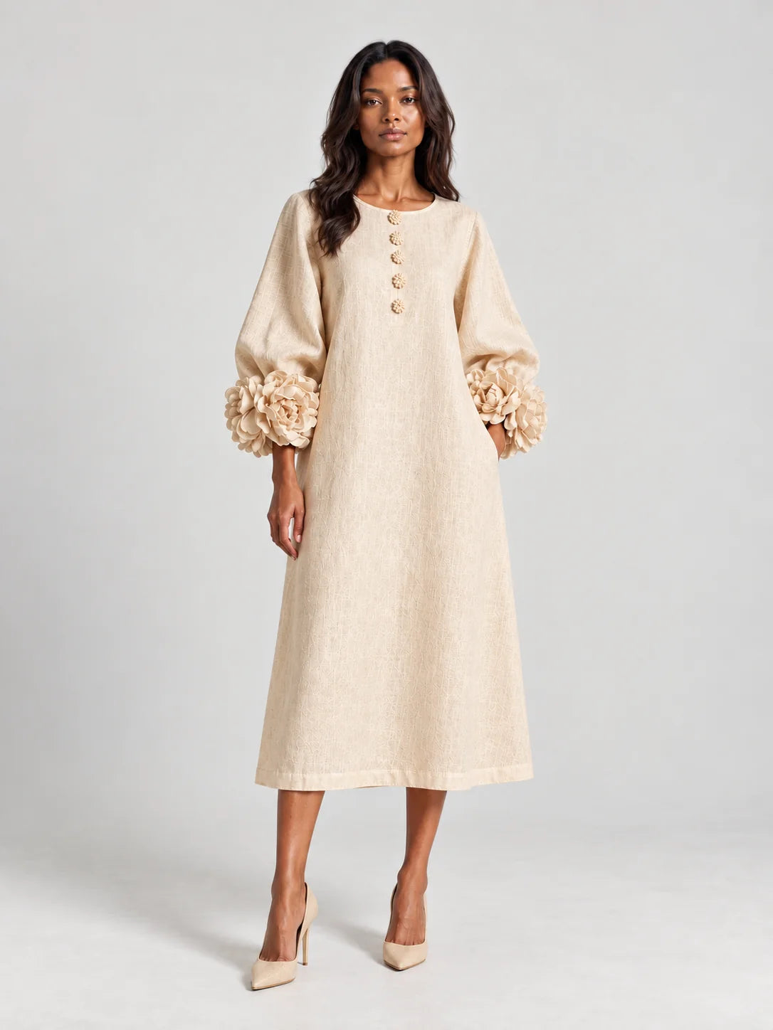 Long Dress Linen Blend Breathable A-Line Puff Sleeves