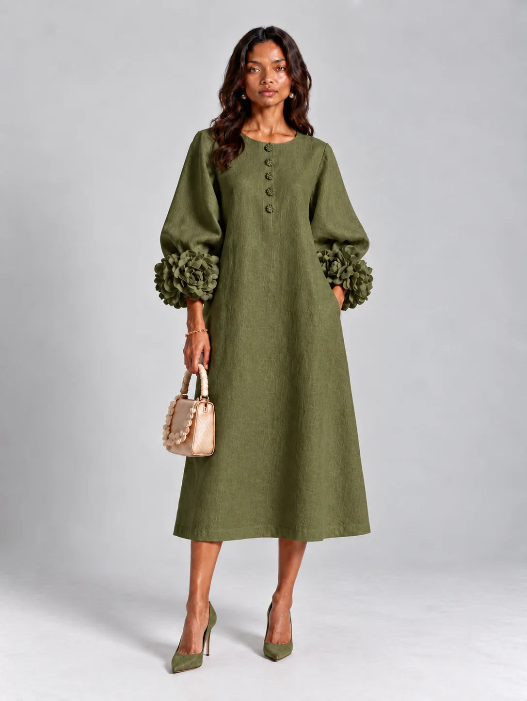 Long Dress Linen Blend Breathable A-Line Puff Sleeves