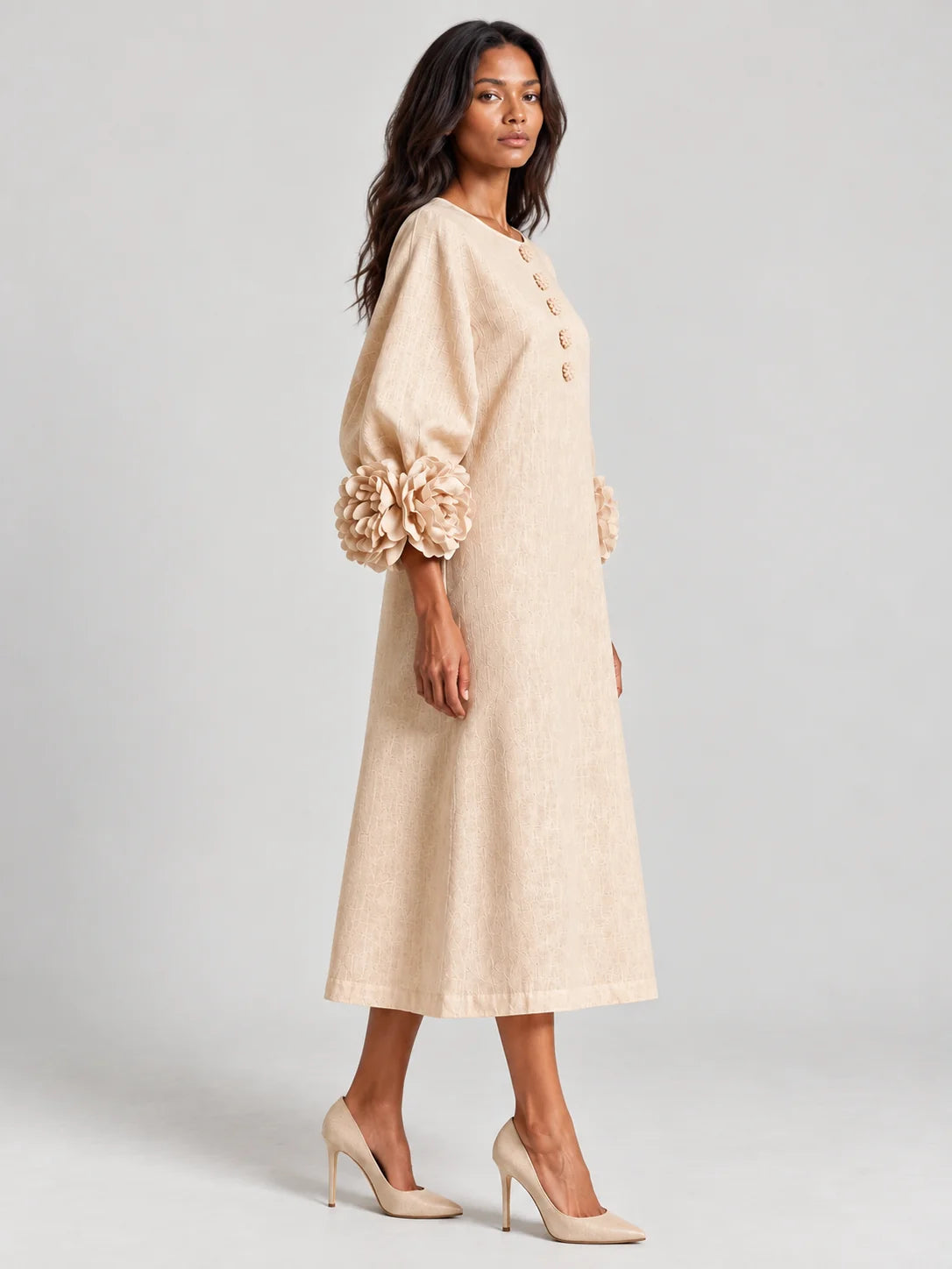 Long Dress Linen Blend Breathable A-Line Puff Sleeves