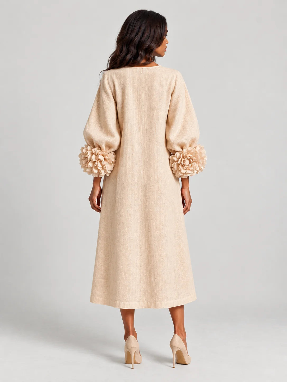 Long Dress Linen Blend Breathable A-Line Puff Sleeves