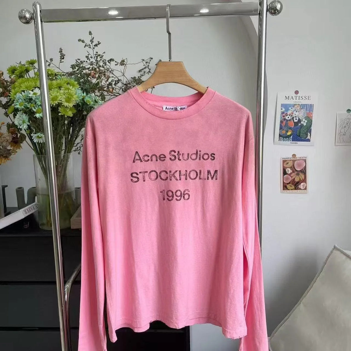 Long-Sleeve Shirt Cotton Jersey Vintage Front Print Crew Neck