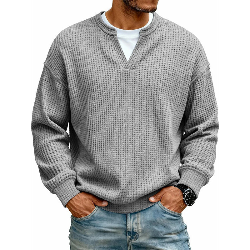 Long Sleeve T-Shirt Waffle Texture Faux Layered Look Relaxed Fit