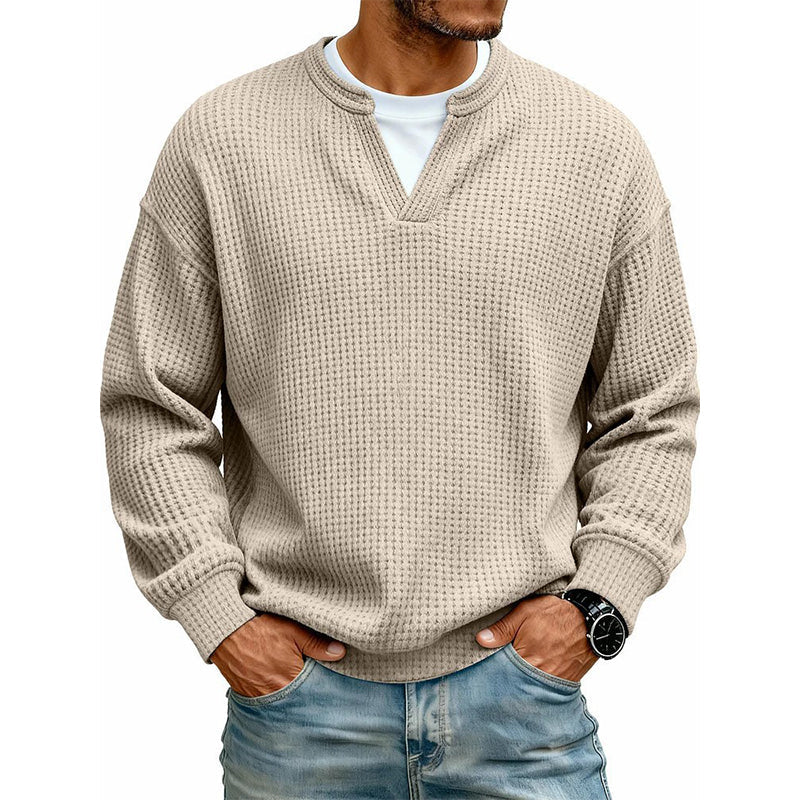 Long Sleeve T-Shirt Waffle Texture Faux Layered Look Relaxed Fit