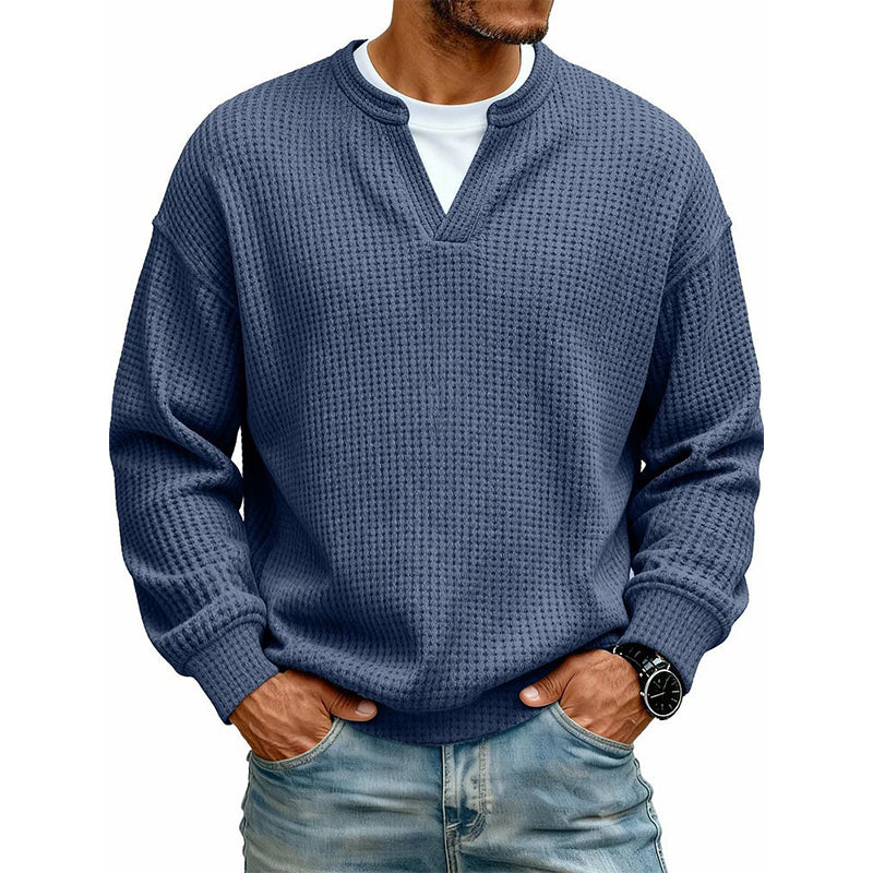 Long Sleeve T-Shirt Waffle Texture Faux Layered Look Relaxed Fit