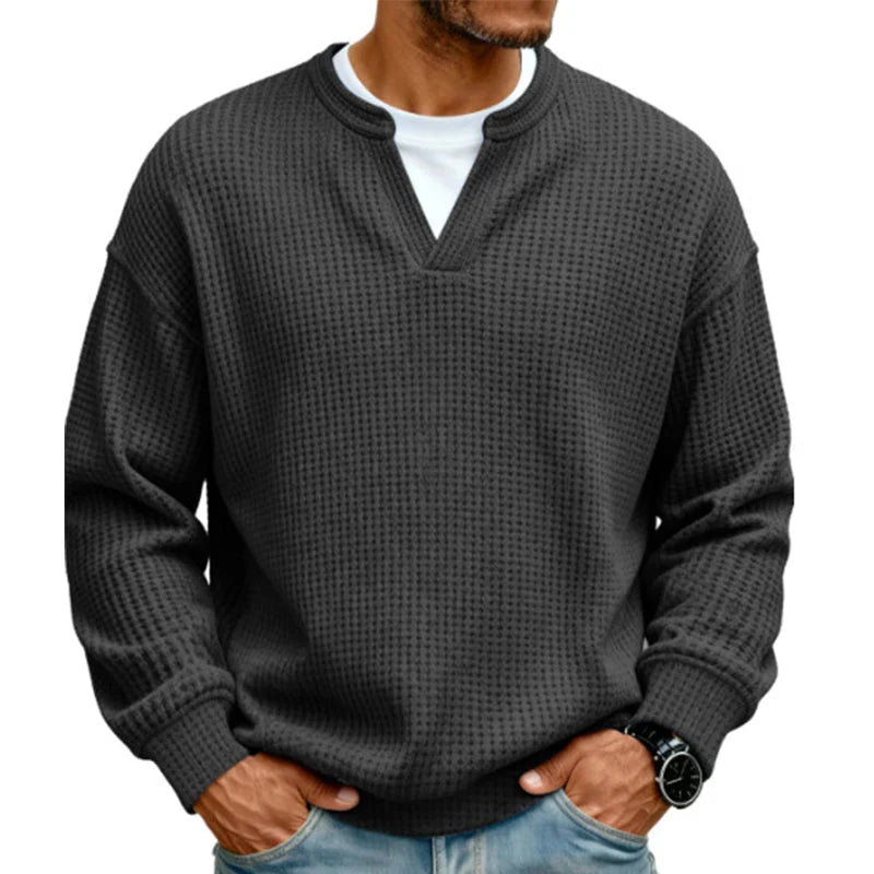 Long Sleeve T-Shirt Waffle Texture Faux Layered Look Relaxed Fit