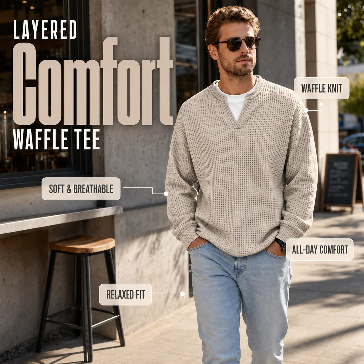 Long Sleeve T-Shirt Waffle Texture Faux Layered Look Relaxed Fit