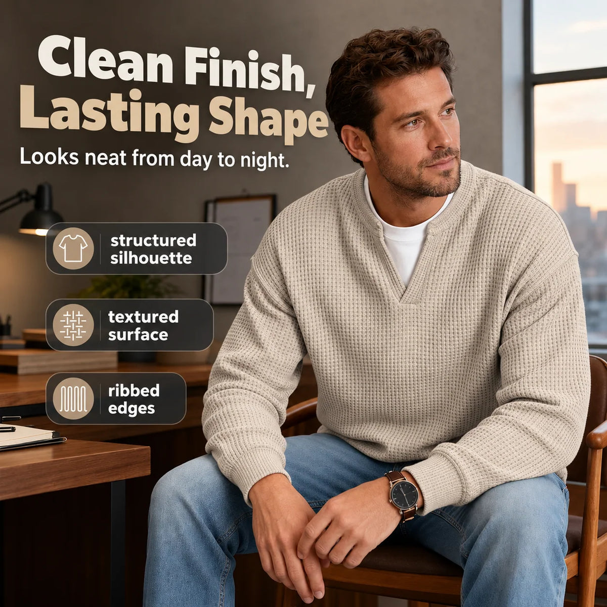 Long Sleeve T-Shirt Waffle Texture Faux Layered Look Relaxed Fit