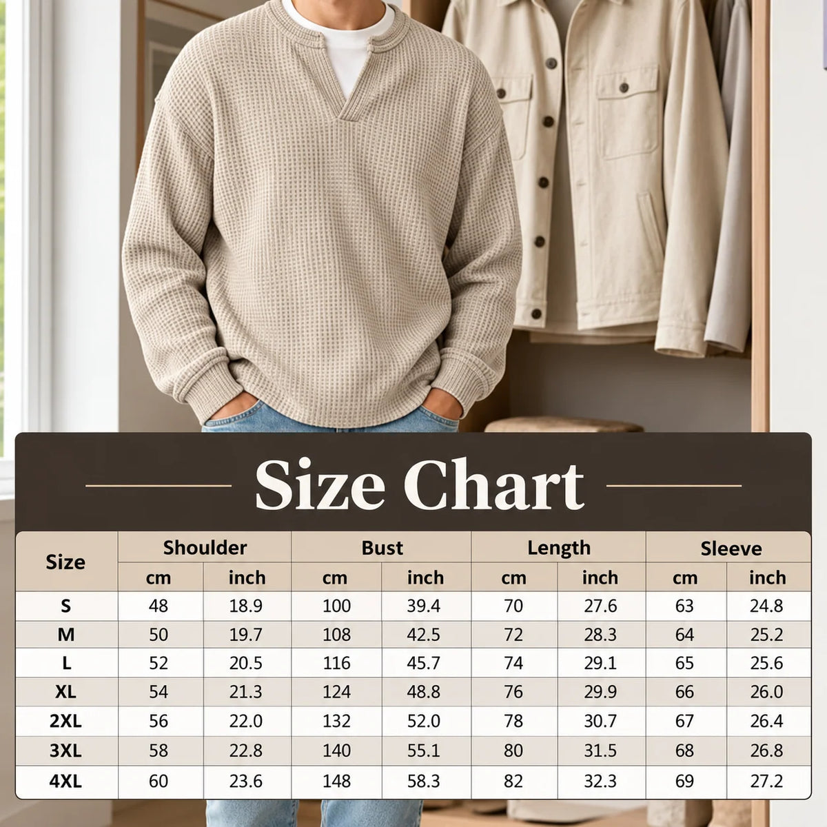 Long Sleeve T-Shirt Waffle Texture Faux Layered Look Relaxed Fit