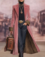 Longline Coat Velvet-Effect Leopard-Print Lining Ankle-Length