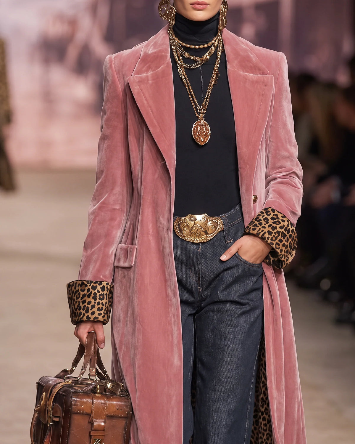 Longline Coat Velvet-Effect Leopard-Print Lining Ankle-Length