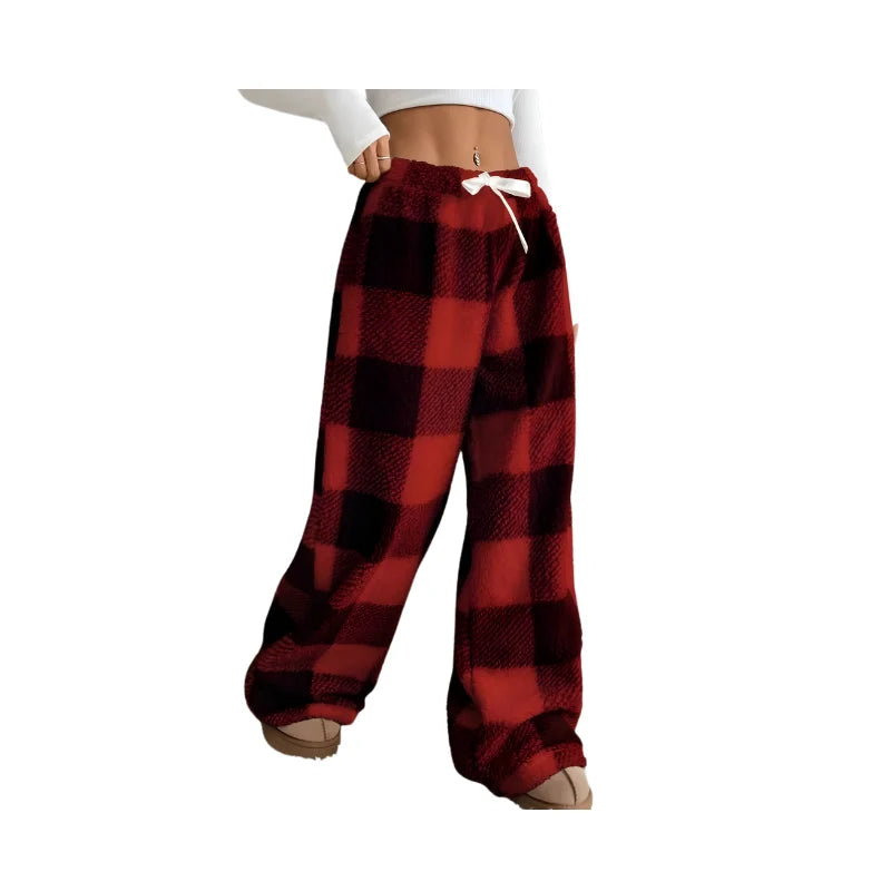 Lounge Pants Plaid Wide-Leg Soft Polyester Elastic Waistband