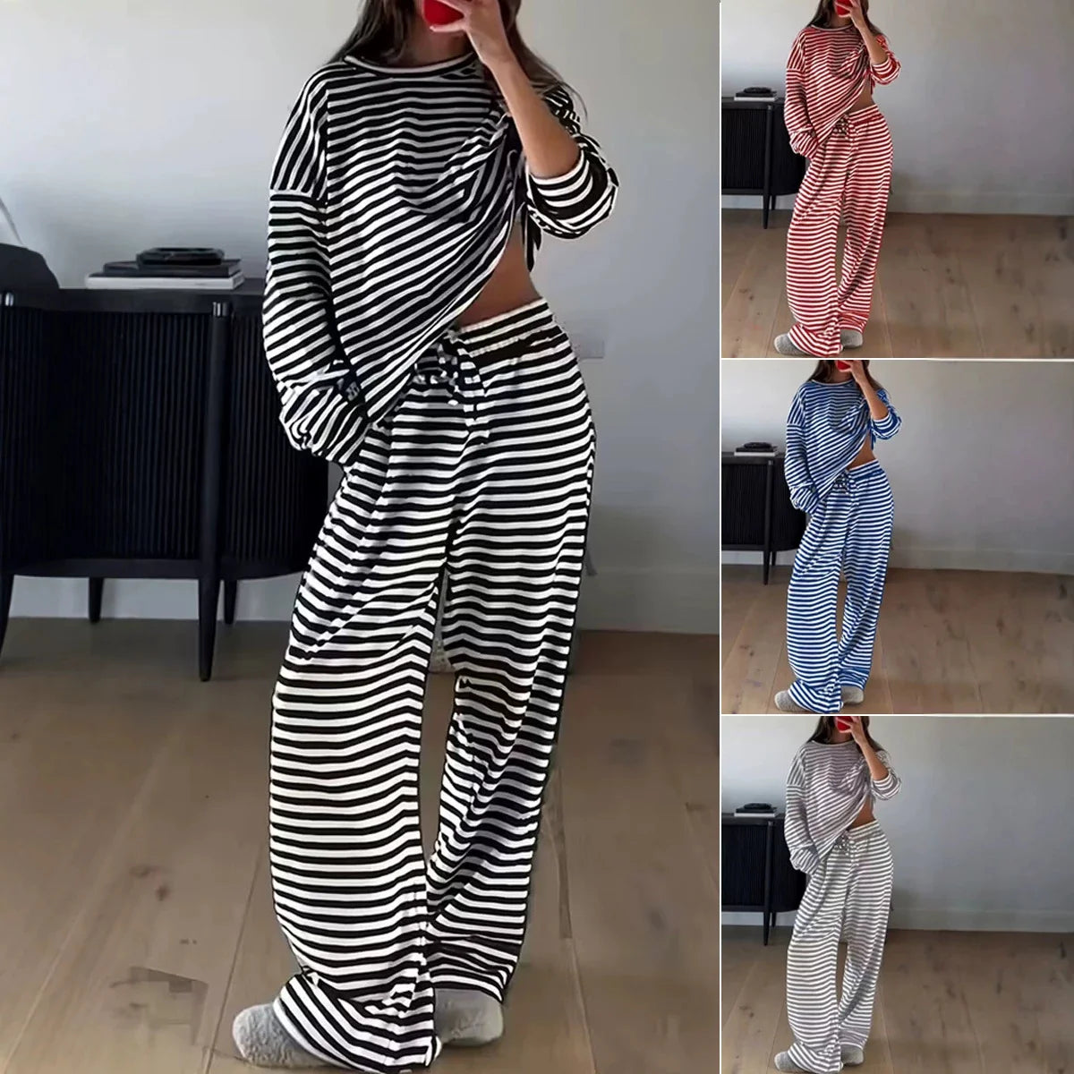 Loungewear Set Striped Oversized Sweatshirt Drawstring Pants With Pockets