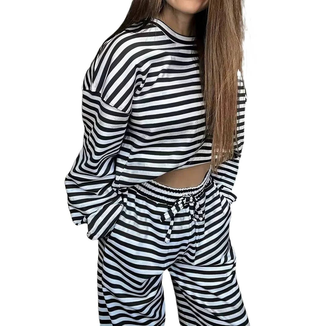 Loungewear Set Striped Oversized Sweatshirt Drawstring Pants With Pockets