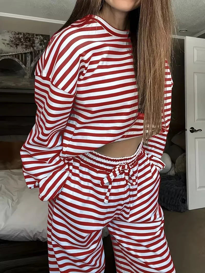 Loungewear Set Striped Oversized Sweatshirt Drawstring Pants With Pockets