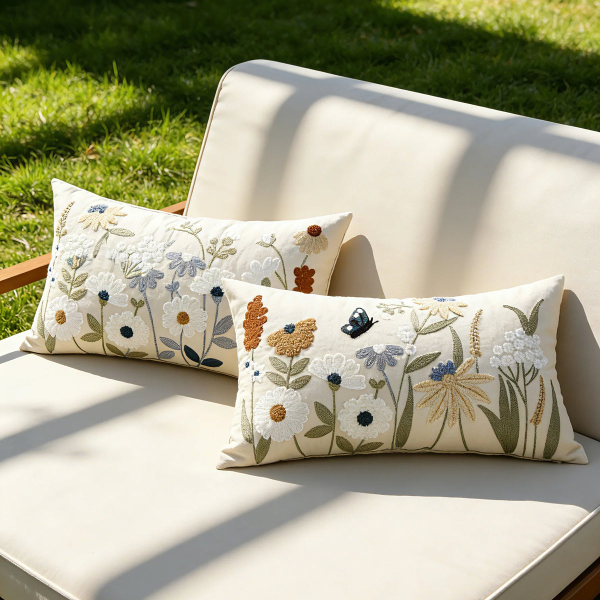Lumbar Cushion Cover Hand-Embroidered Linen-Blend Chenille