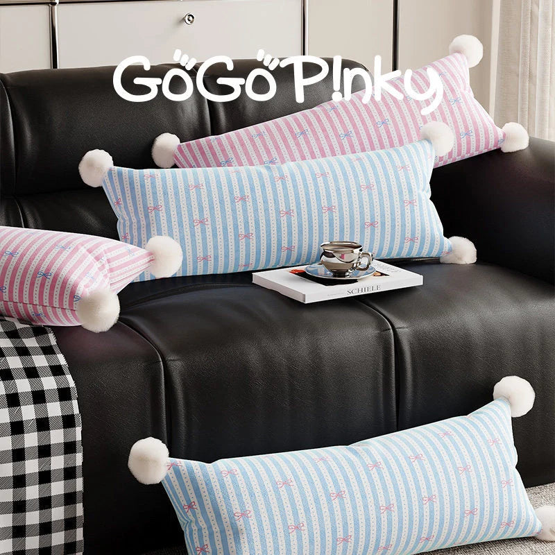 Lumbar Pillow Cotton-Linen Bow-Print & Pom-Pom Corners