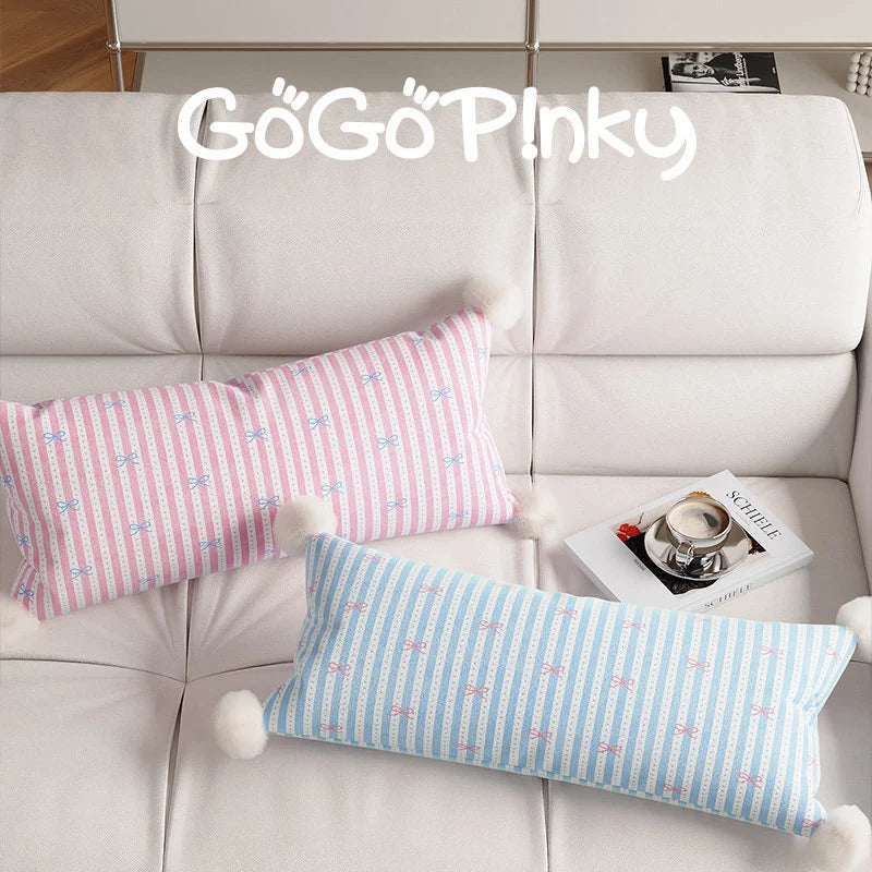 Lumbar Pillow Cotton-Linen Bow-Print & Pom-Pom Corners