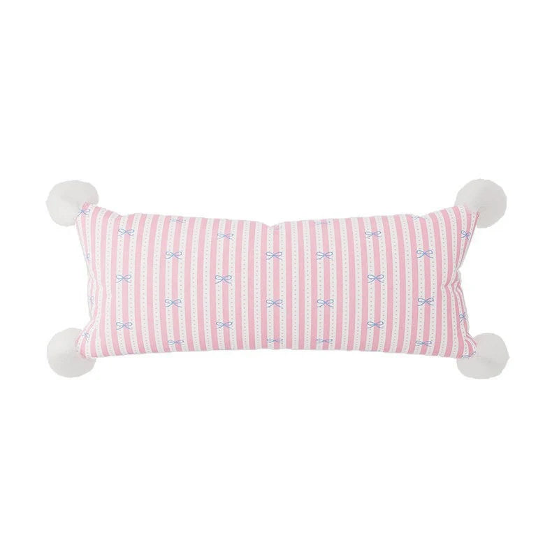 Lumbar Pillow Cotton-Linen Bow-Print & Pom-Pom Corners