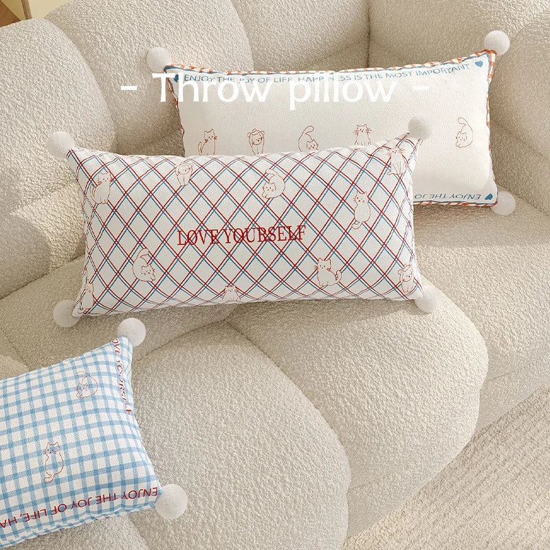 Lumbar Pillow Cover Argyle Cat Motif Embroidered Hidden Zipper