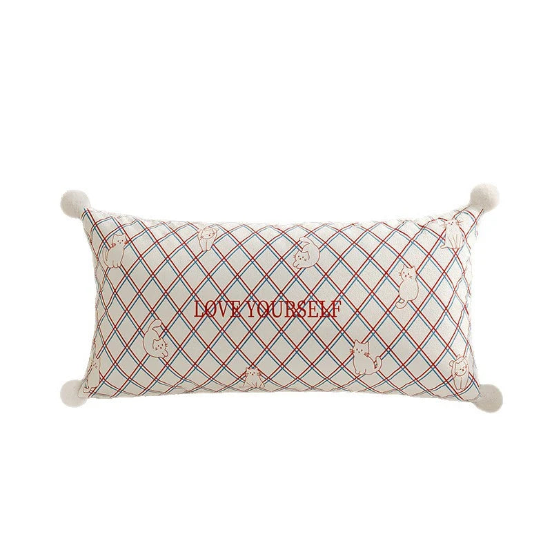 Lumbar Pillow Cover Argyle Cat Motif Embroidered Hidden Zipper