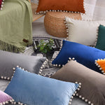 Lumbar Pillow Cover Cotton-Linen Pom-Pom Trim & Hidden Zipper