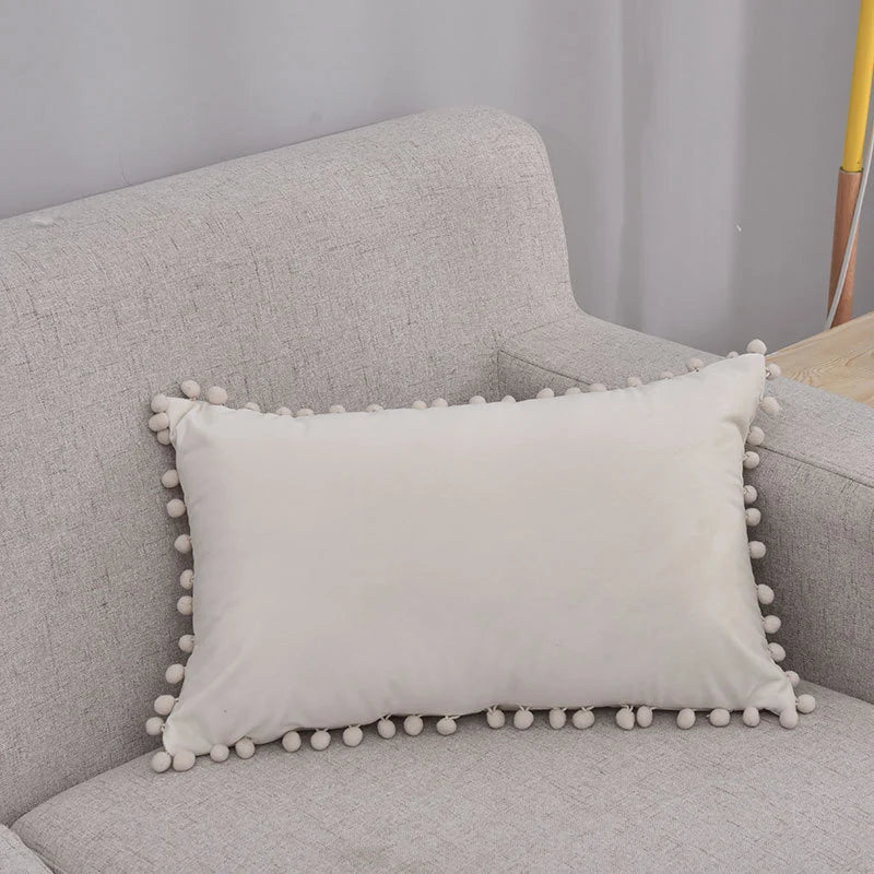 Lumbar Pillow Cover Cotton-Linen Pom-Pom Trim & Hidden Zipper