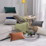 Lumbar Pillow Cover Cotton-Linen Pom-Pom Trim & Hidden Zipper