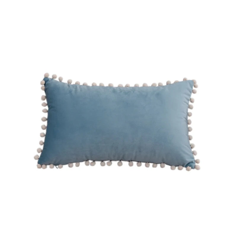 Lumbar Pillow Cover Cotton-Linen Pom-Pom Trim & Hidden Zipper