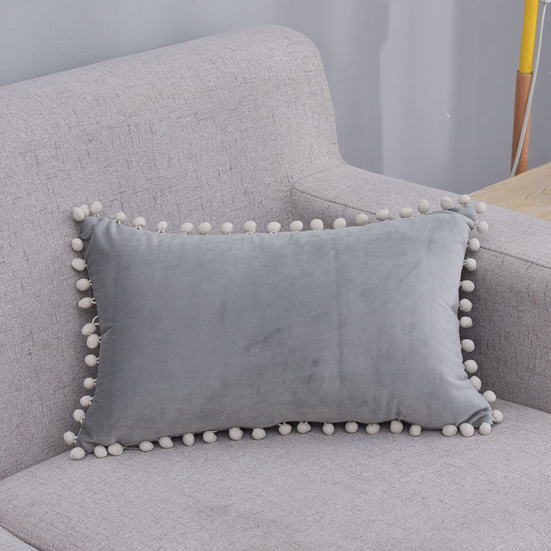 Lumbar Pillow Cover Cotton-Linen Pom-Pom Trim & Hidden Zipper