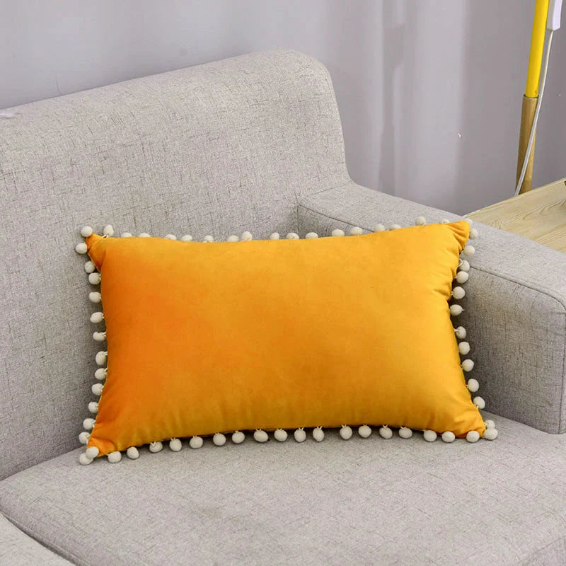 Lumbar Pillow Cover Cotton-Linen Pom-Pom Trim & Hidden Zipper