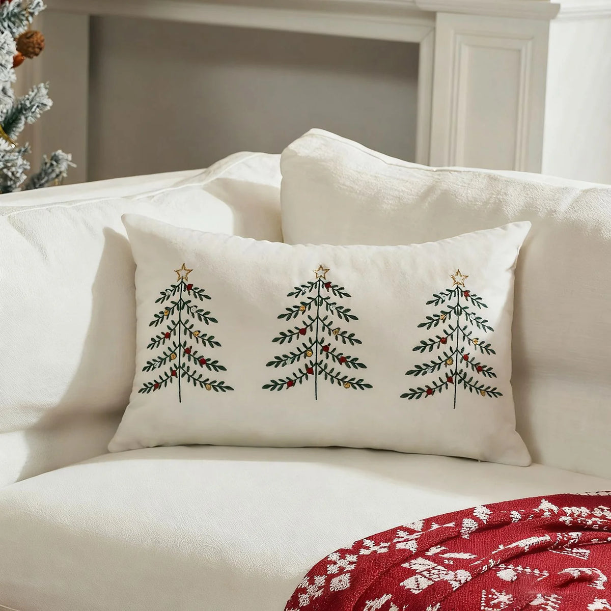 Lumbar Pillow Cover Embroidered Christmas Trees & Metallic Accents
