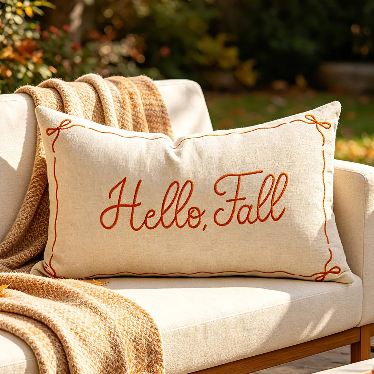 Lumbar Pillow Cover Embroidered Hello Fall Linen-Look