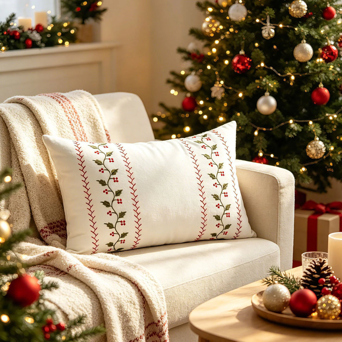 Lumbar Pillow Cover Embroidered Holly Cotton-Linen & Hidden Zipper