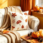 Lumbar Pillow Cover Embroidered Mushroom Linen-Cotton Hidden Zipper
