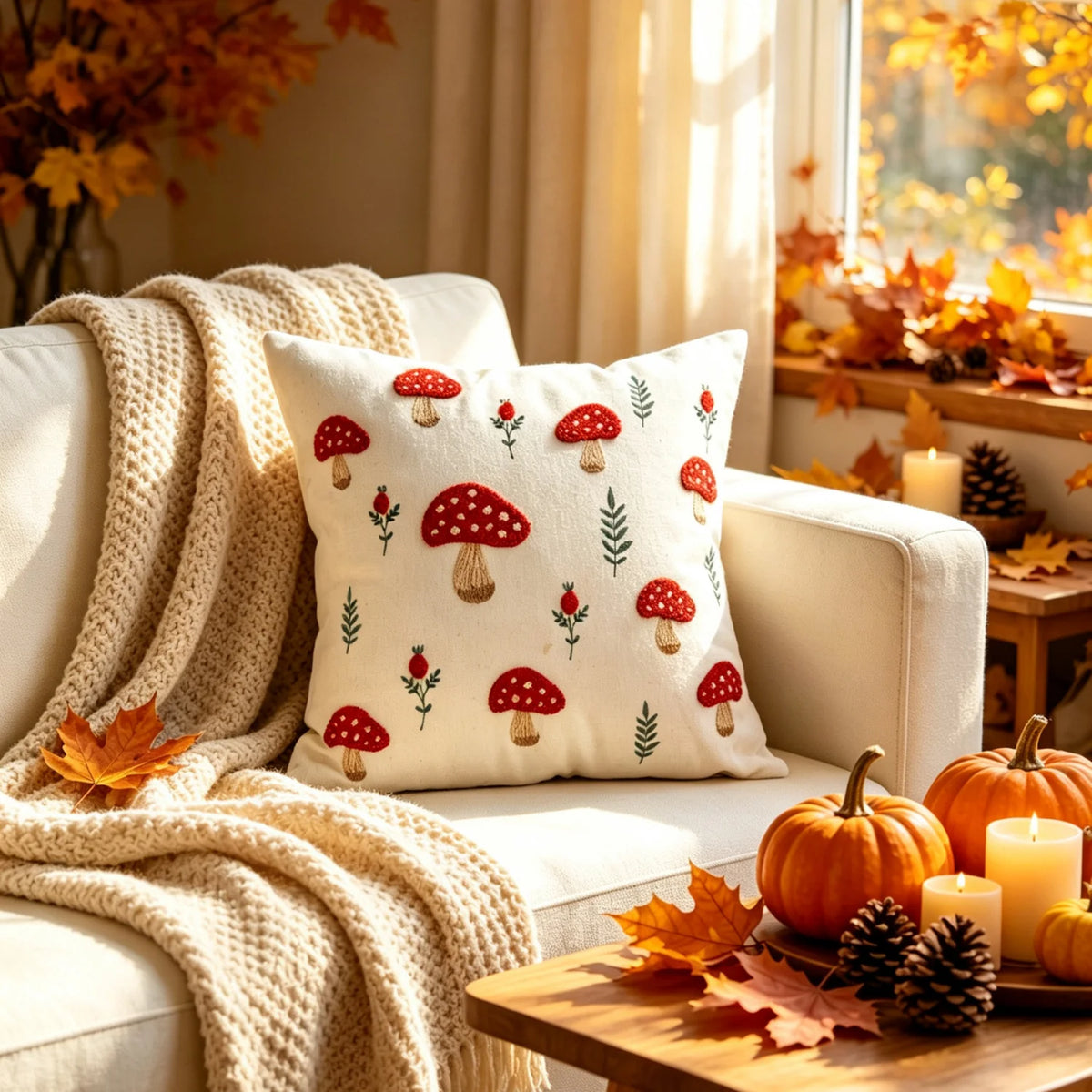 Lumbar Pillow Cover Embroidered Mushroom Linen-Cotton Hidden Zipper
