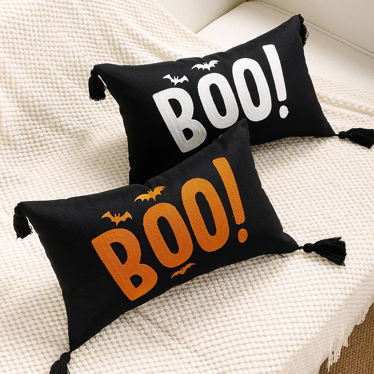 Lumbar Pillow Cover Halloween Boo Cotton-Linen Hidden Zipper