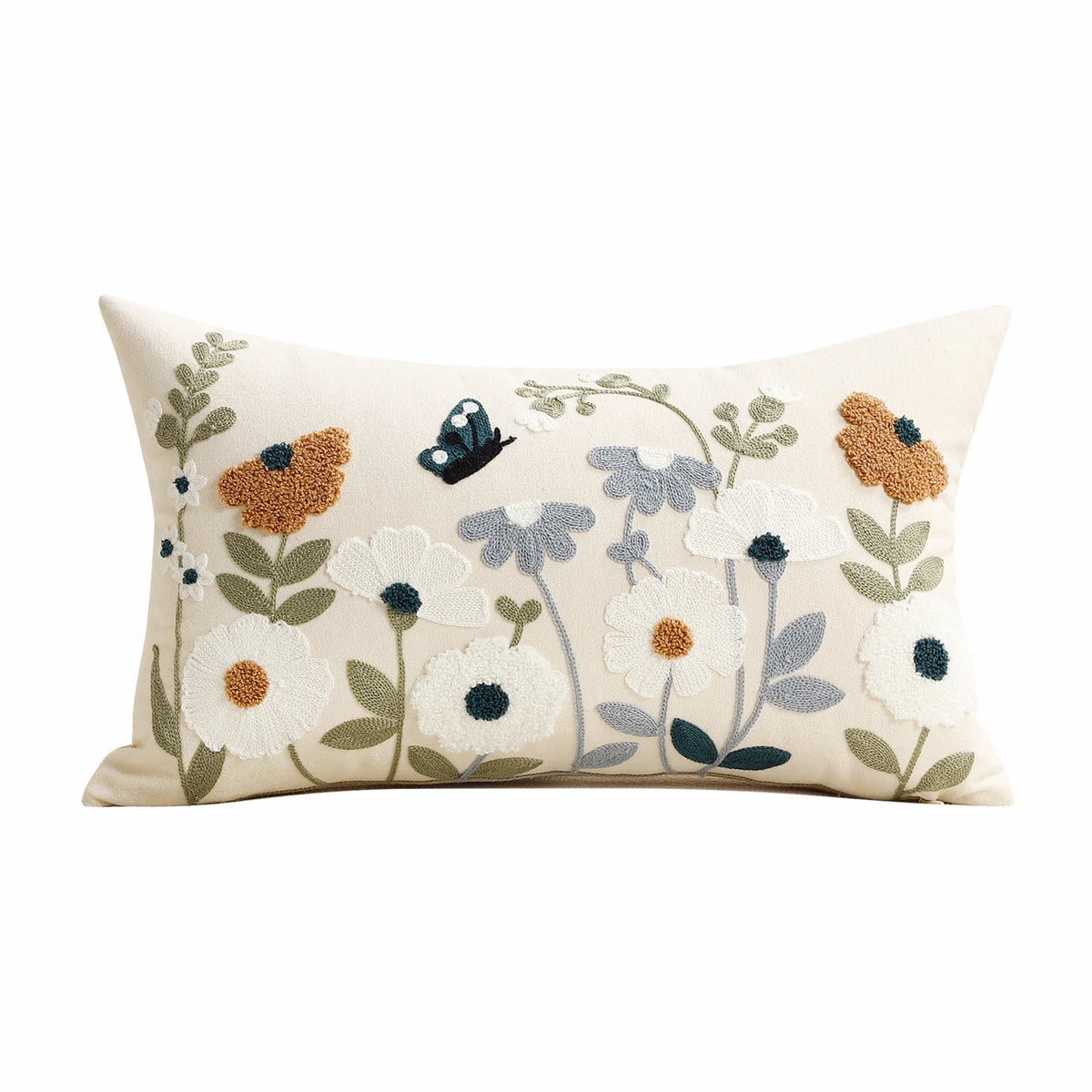 Lumbar Pillow Cover Hand-Embroidered Chenille Hidden Zipper