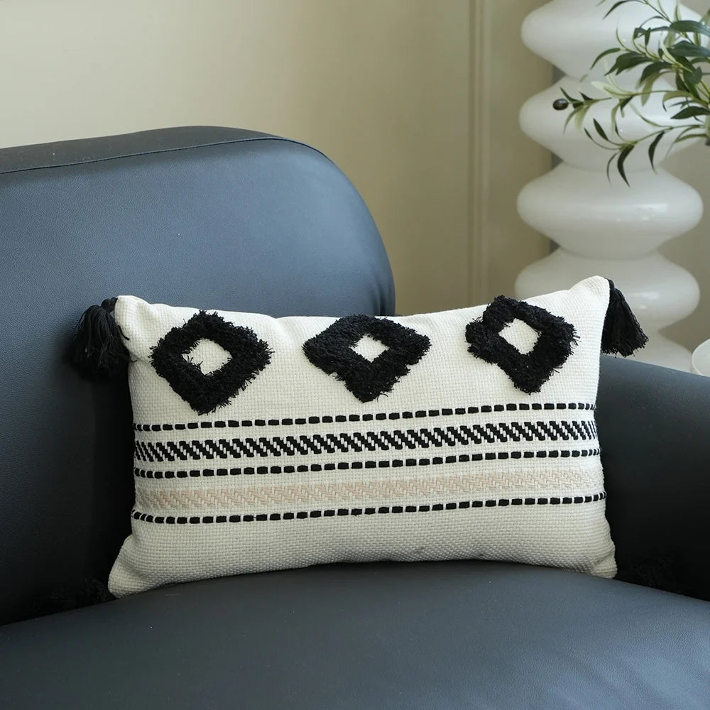 Lumbar Pillow Cover Hand-Tufted Diamond Tassels Woven Cotton Blend