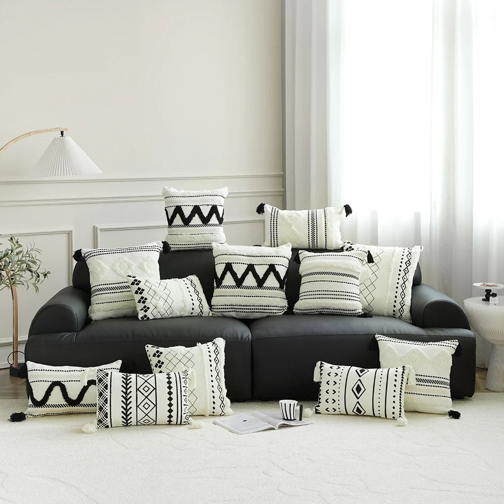 Lumbar Pillow Cover Hand-Tufted Diamond Tassels Woven Cotton Blend