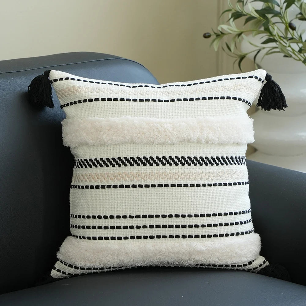 Lumbar Pillow Cover Hand-Tufted Diamond Tassels Woven Cotton Blend