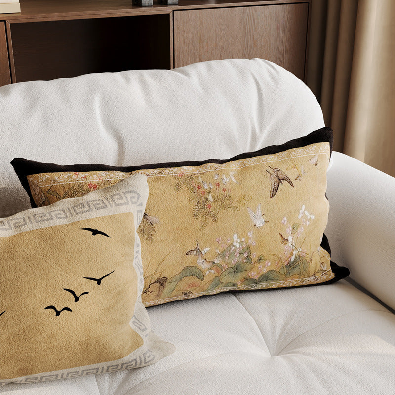 Lumbar Pillow Cover Linen-Blend Velvet Trim Fade-Resistant Print